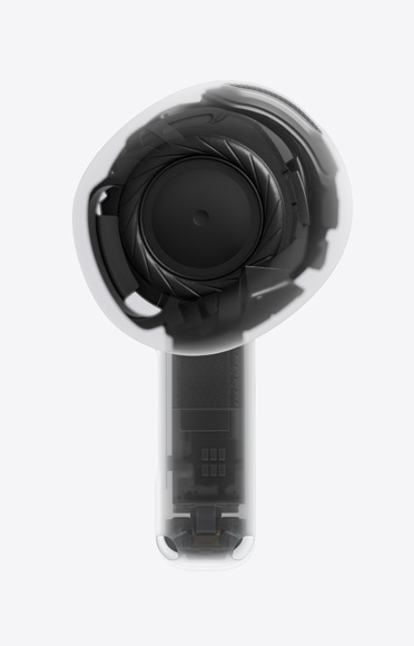 AirPods 5, slušalica, jedna drška, prozirna, unutarnja arhitektura