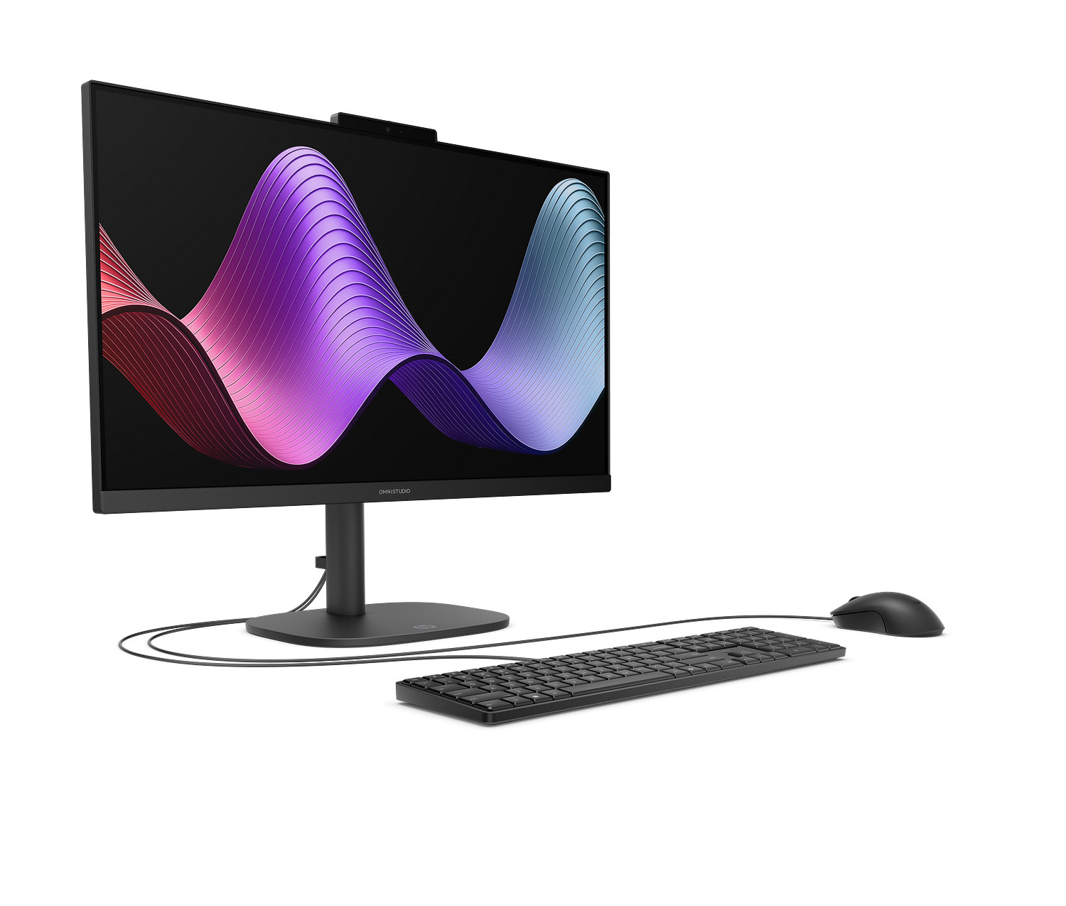 HP OmniStudio 24-cu0038ny u Jet Black boji, prednji desni pogled sa žičnom tipkovnicom i mišem