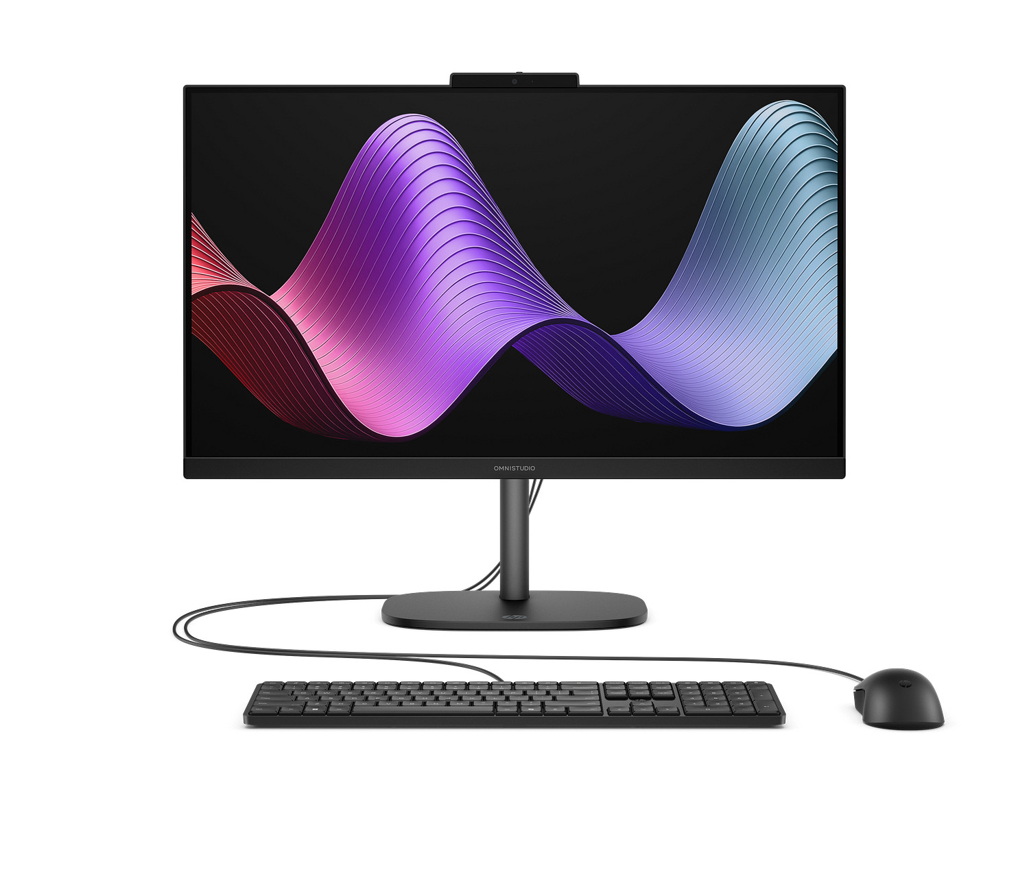 HP OmniStudio 24-cu0038ny, pogled sprijeda na ekran te žičnu tipkovnicu i miš
