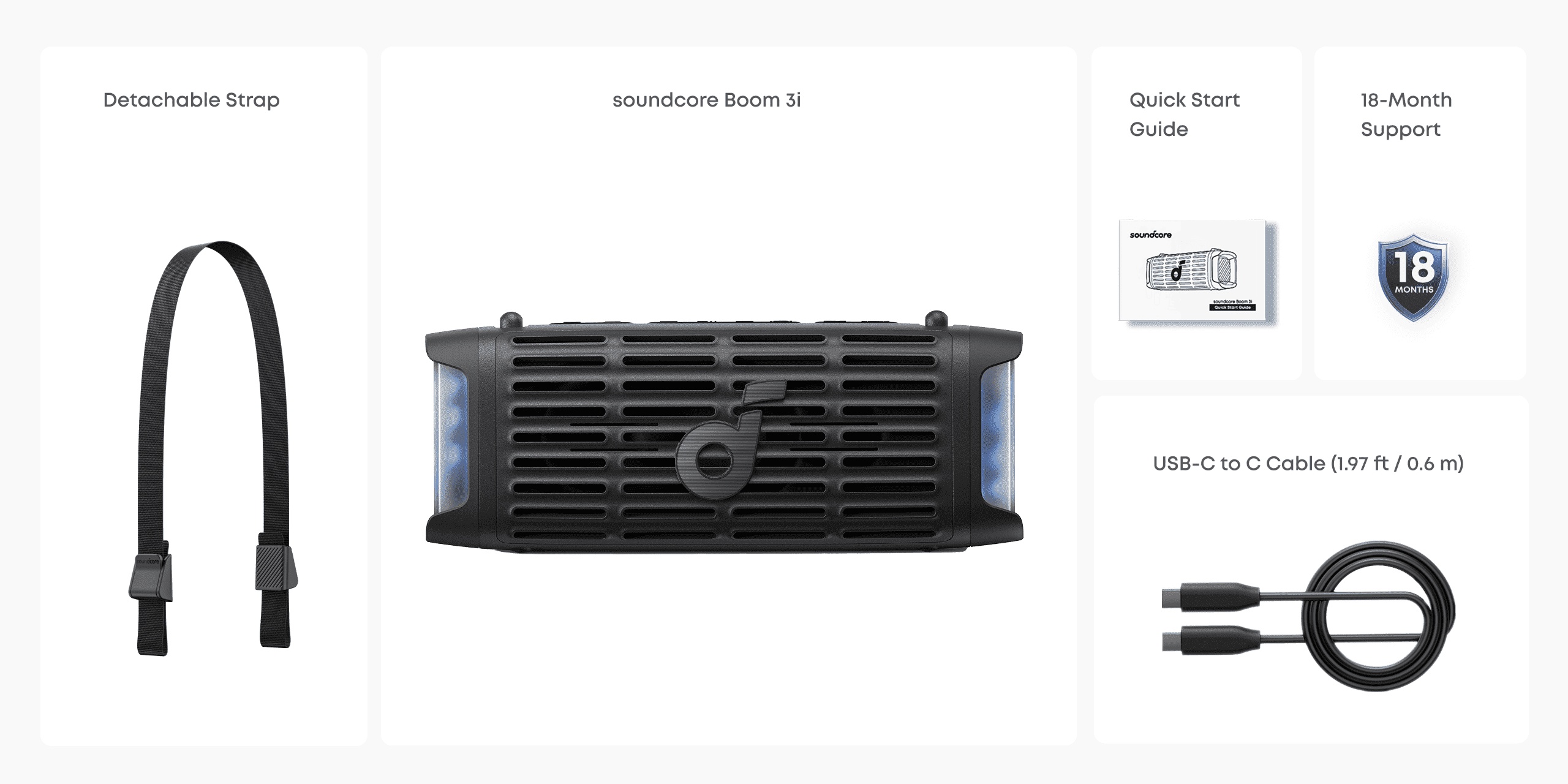 soundcore Boom 3i s remenom i USB-C kabelom