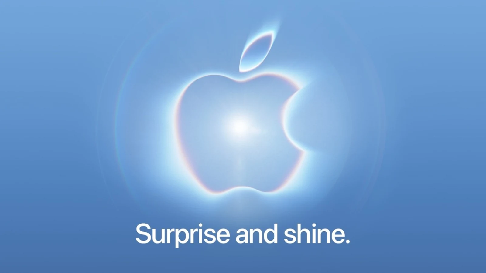 Appleov vizual za rujanski događaj, svijetleći logotip na plavoj pozadini i natpis Surprise and shine