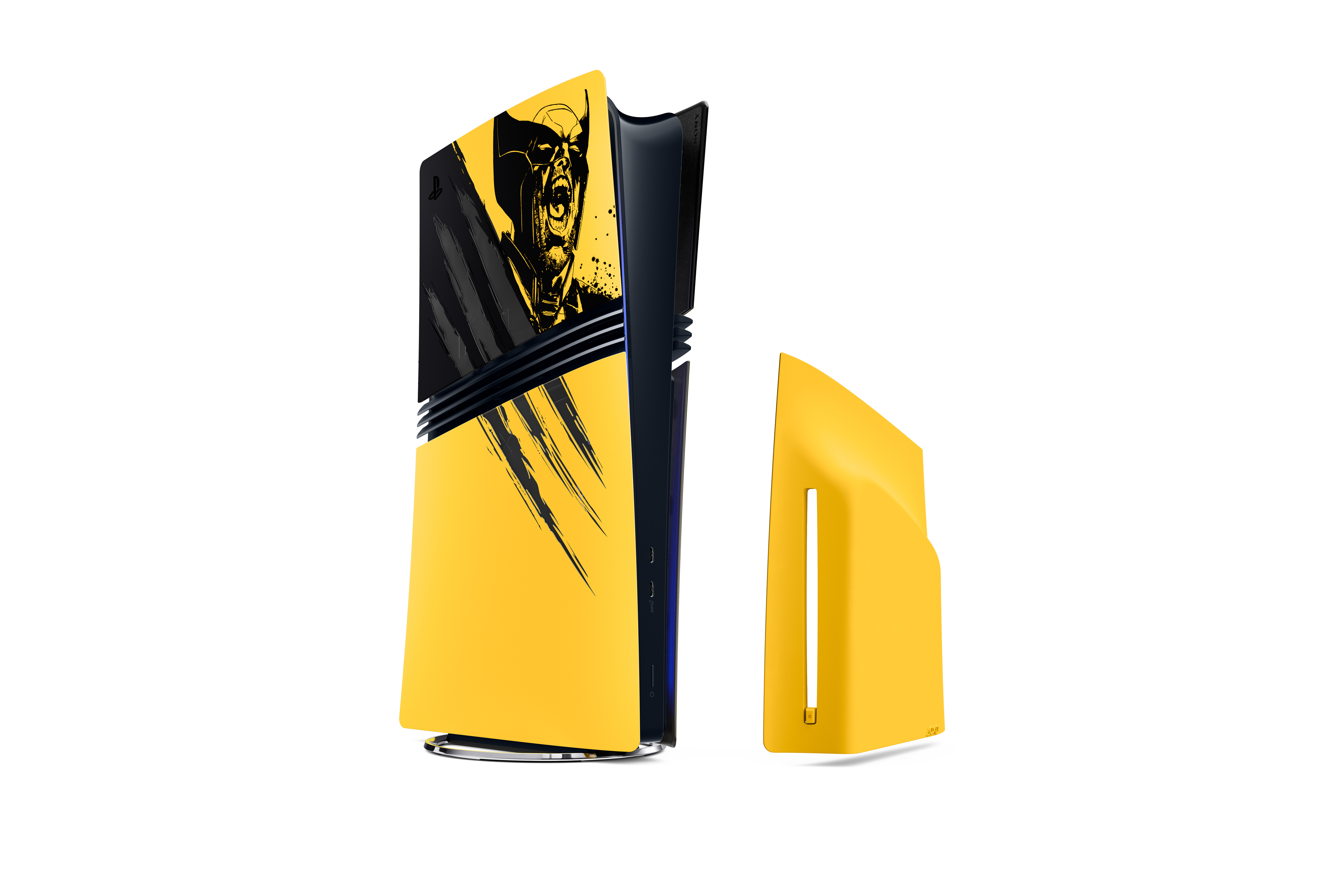 Detalj poklopaca za konzolu PS5 Pro Marvel’s Wolverine Battle Yellow
